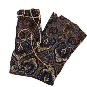 Gypsy Boho Paisley Wide Leg Pants Drawstring Waist Beige Blue Orange